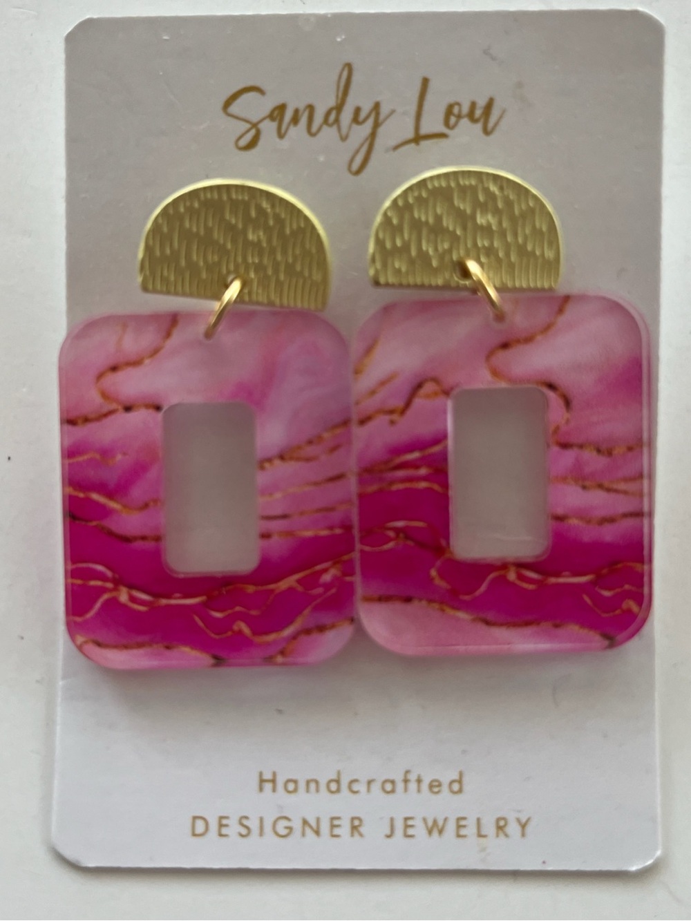 Sandy Lou Pink Marble Acrylic Drop Earrings Gold Tone Geometric Statement